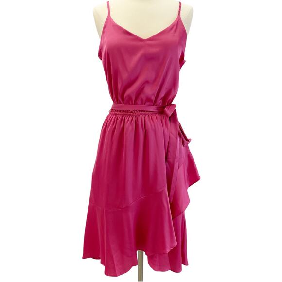 Tahari A.S.L.‎ Womens S Dress Ruffle Bright Pink Satin Summer Flirty Barbiecore - Picture 1 of 8